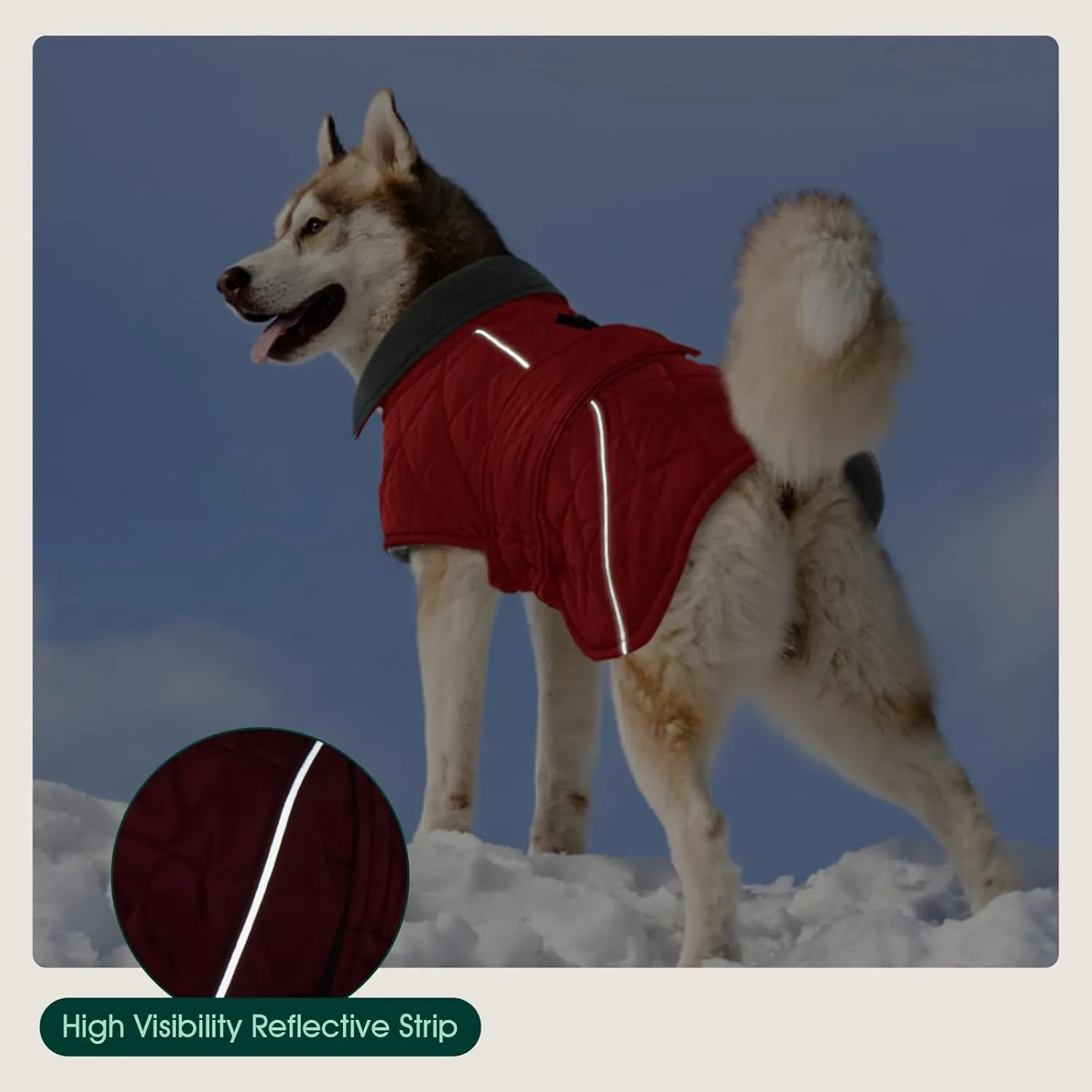 Kuoser Super-Warm Dog Jacket - Windproof, Fleece Lining Turtleneck Dog Snowsuit, Reflective, Adjustable - Red, 3XL