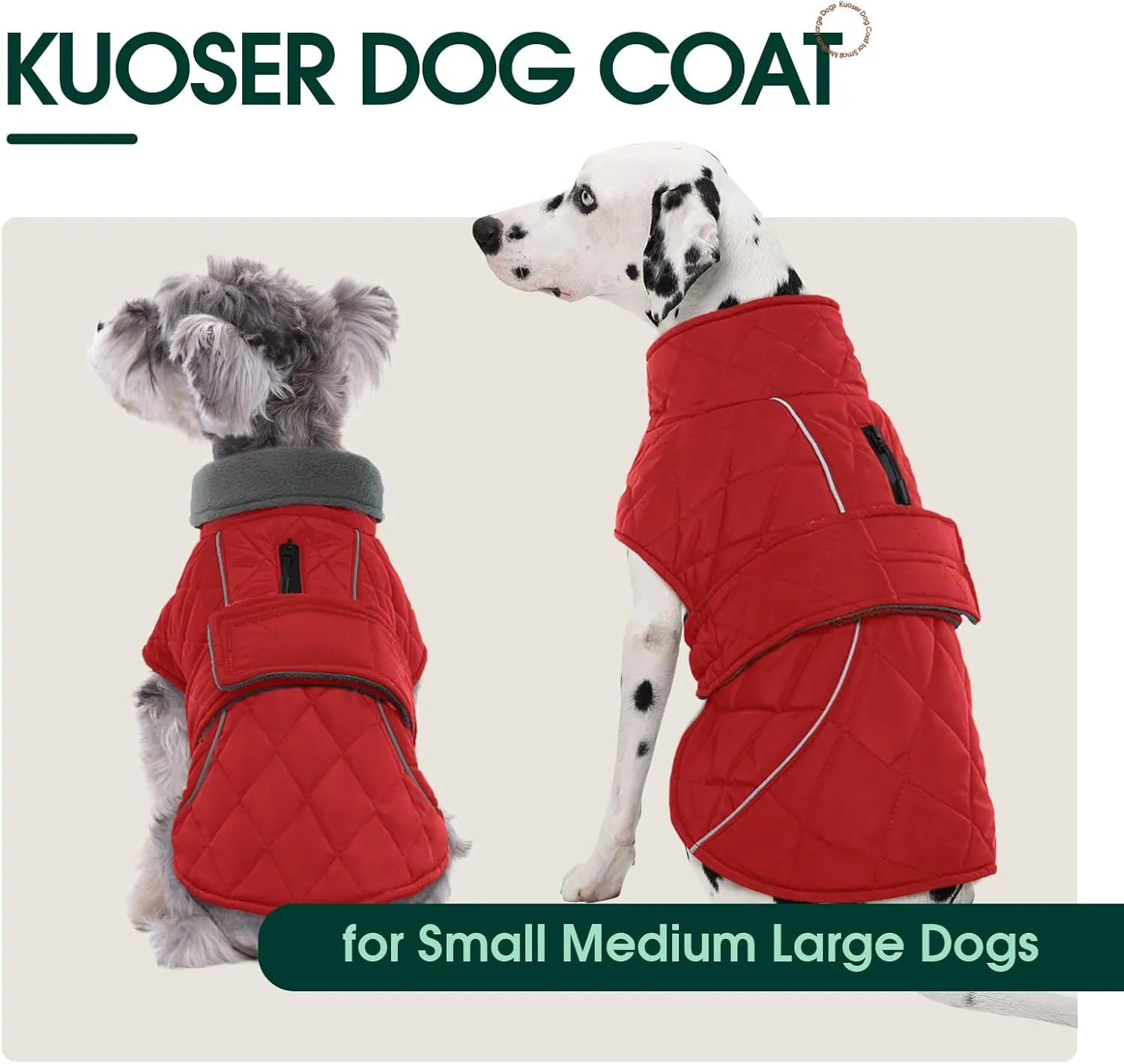 Kuoser Super-Warm Dog Jacket - Windproof, Fleece Lining Turtleneck Dog Snowsuit, Reflective, Adjustable - Red, 3XL