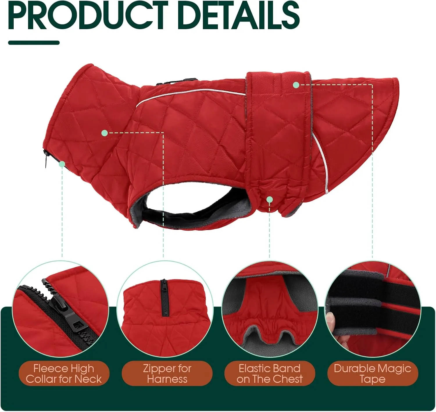 Kuoser Super-Warm Dog Jacket - Windproof, Fleece Lining Turtleneck Dog Snowsuit, Reflective, Adjustable - Red, 3XL