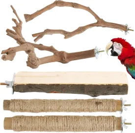 Large Bird Perch Stand, Pole Standing Natural Wood Bird Perch Set 5PCS Paw Grinding Fork Parrot Cage Branch with Rope for Macaw African Grey Amazon Pet Medium Large Birds Cage Accessories
