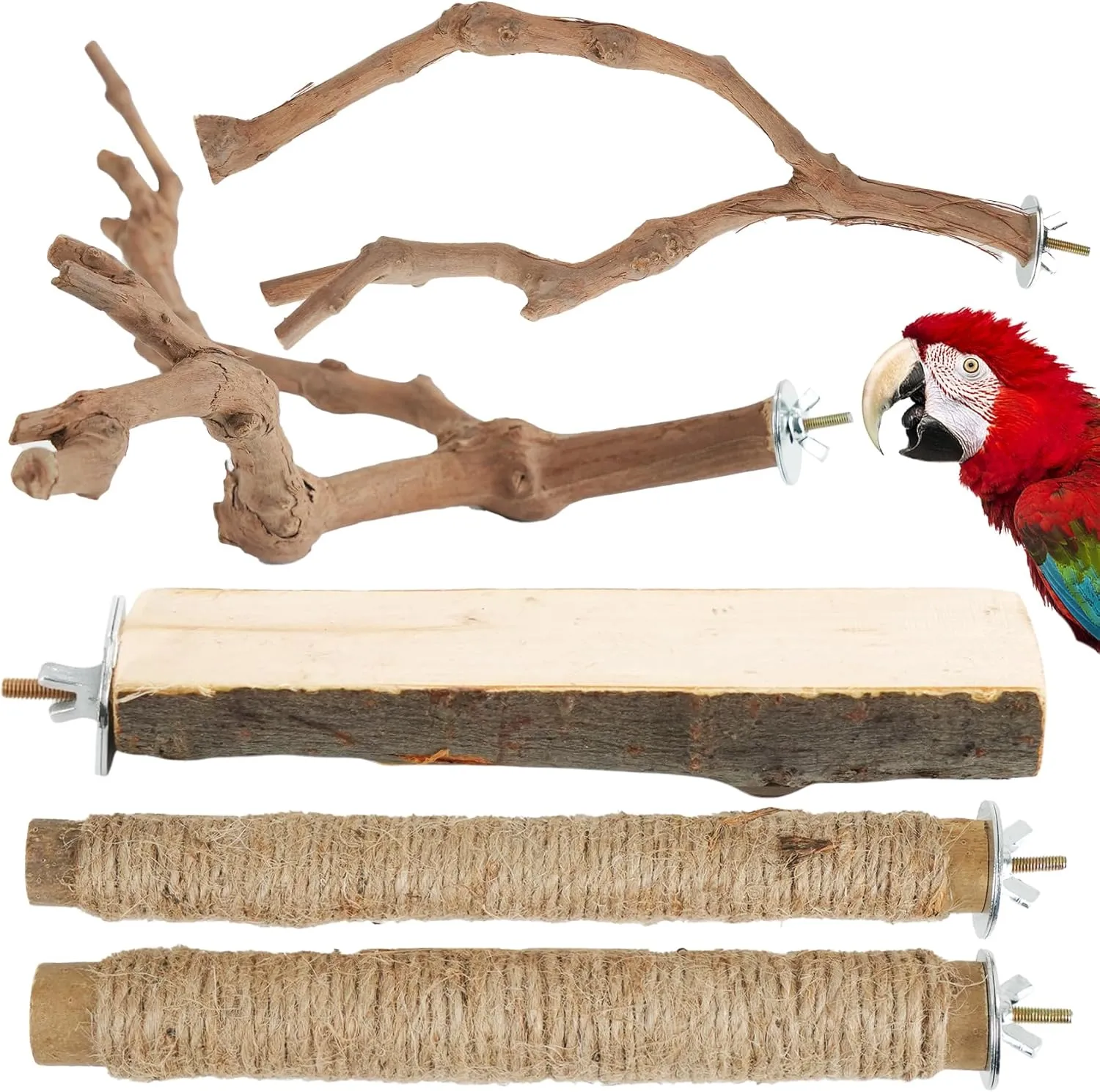 Large Bird Perch Stand, Pole Standing Natural Wood Bird Perch Set 5PCS Paw Grinding Fork Parrot Cage Branch with Rope for Macaw African Grey Amazon Pet Medium Large Birds Cage Accessories
