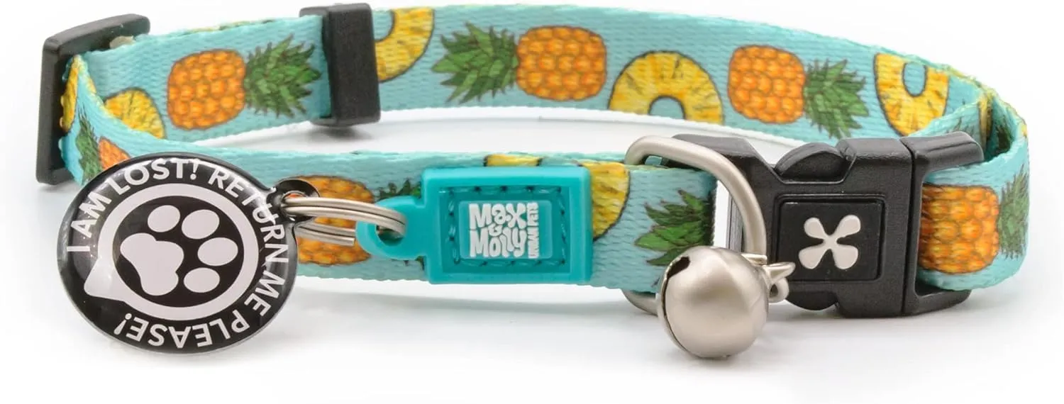 Max & Molly Urban Pets Fun & Whimsy Cat Collar w/Jingle Bell, Breakaway Safety Buckle, Adjustable Sizing & Smart ID Personalized Tag for Girl or Boy Cats/Kittens, Sweet Pineapple Design (225021)