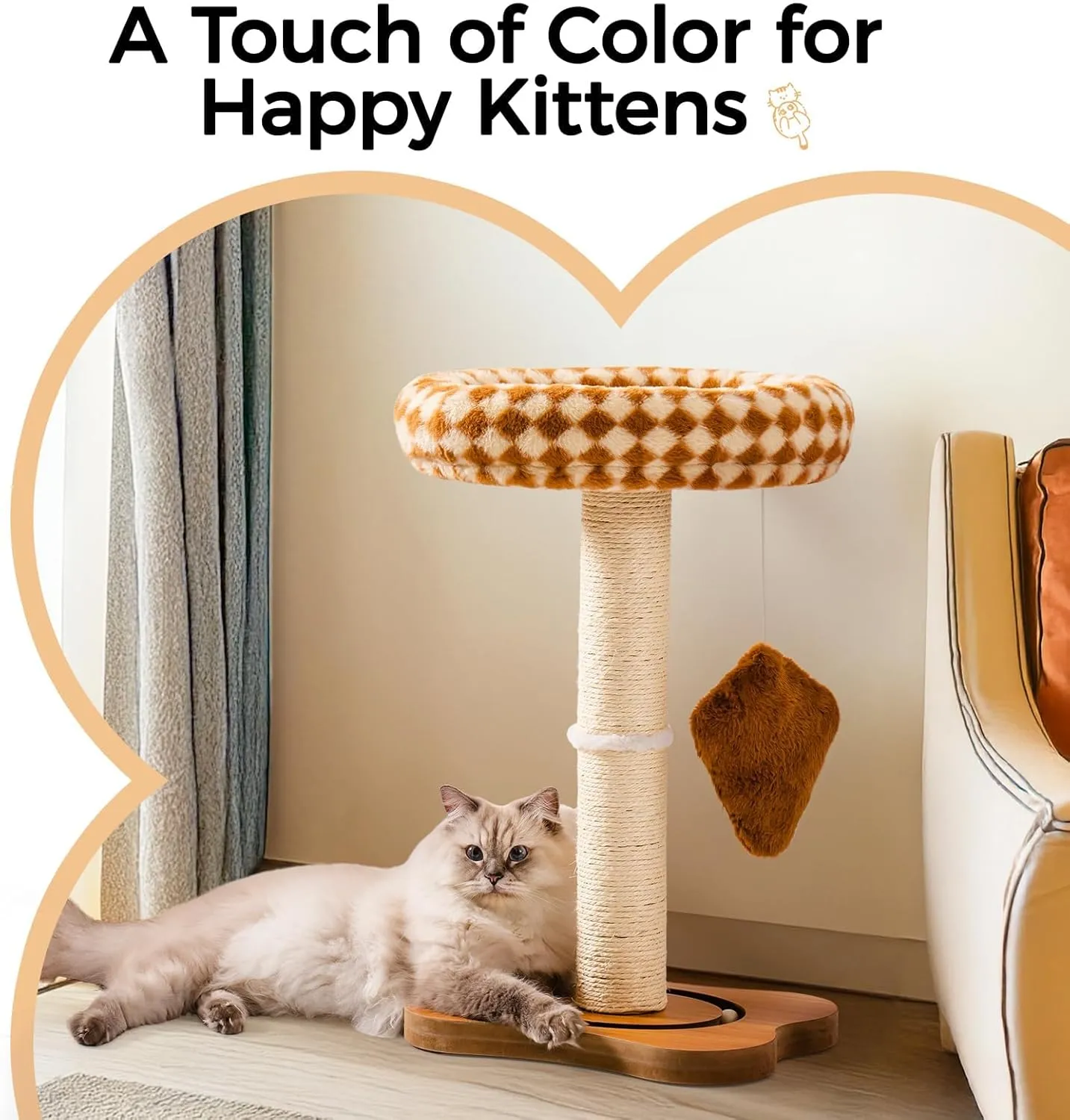 Mewoo Cat Scratching Post with Bed, Cat Tower with Scratcher Post, Small Tree for Indoor Cats, Sisal Cat Scratcher with Removable Cat Perch, Cat Ball Track and Kittens Toys (Brown, Medium)