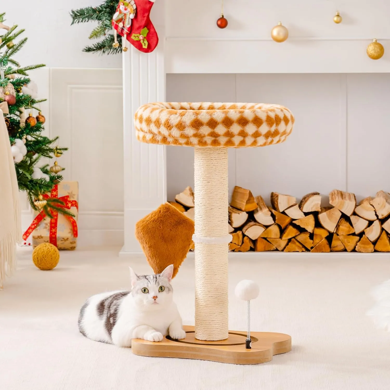 Mewoo Cat Scratching Post with Bed, Cat Tower with Scratcher Post, Small Tree for Indoor Cats, Sisal Cat Scratcher with Removable Cat Perch, Cat Ball Track and Kittens Toys (Brown, Medium)