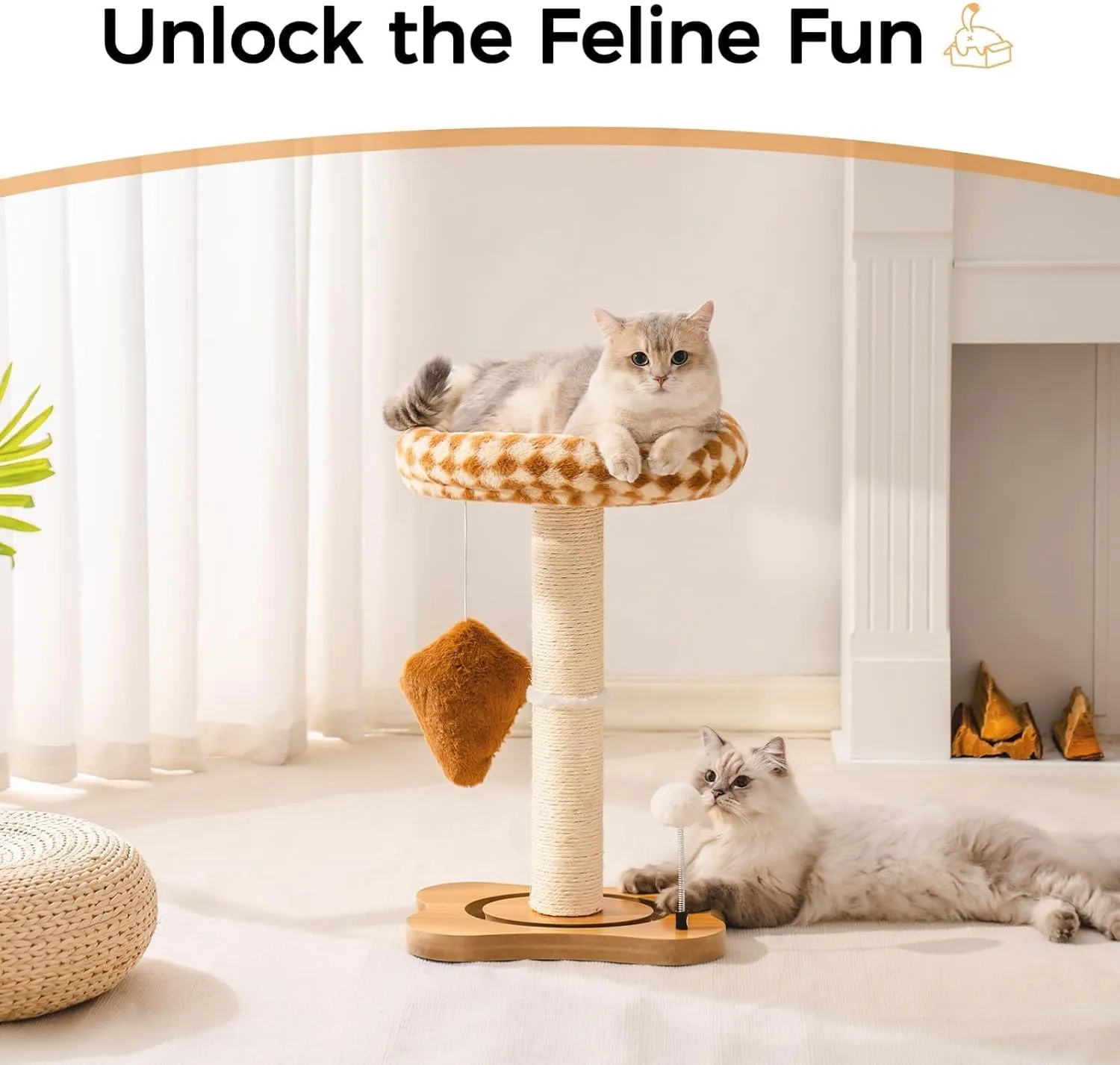 Mewoo Cat Scratching Post with Bed, Cat Tower with Scratcher Post, Small Tree for Indoor Cats, Sisal Cat Scratcher with Removable Cat Perch, Cat Ball Track and Kittens Toys (Brown, Medium)