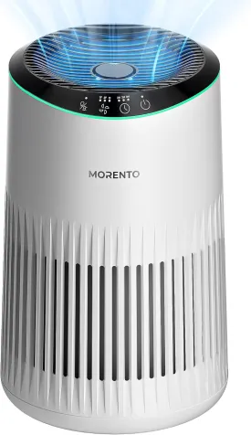 MORENTO Air Purifiers for Home, Air Purifier for Smoke Pet Dander Odors with Fragrance Sponge, Small Air Purifier with Sleep Mode for Bedroom Office, Blue Ambient Light, MR2566, White,1 Pack 3 Modes