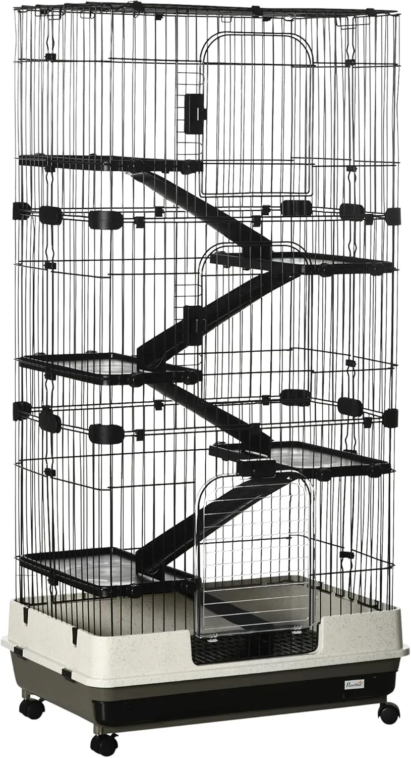 Multi-Level Small Animal Cage with Wheels for Ferrets, Rabbits, Chinchillas and More - 62.75 inches Tall, Black