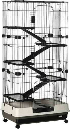 Multi-Level Small Animal Cage with Wheels for Ferrets, Rabbits, Chinchillas and More - 62.75 inches Tall, Black