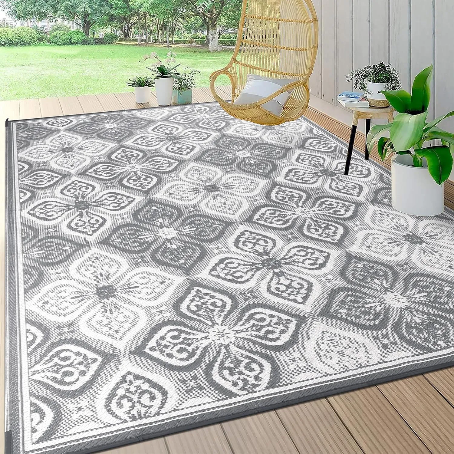 Pauwer Waterproof Outdoor Rug 9x12, Reversible Plastic Straw Patio Camping Rug, Indoor Outdoor RV Mat Carpet for Deck, Camper, Porch, Balcony, Backyard, Picnic, Clover Grey