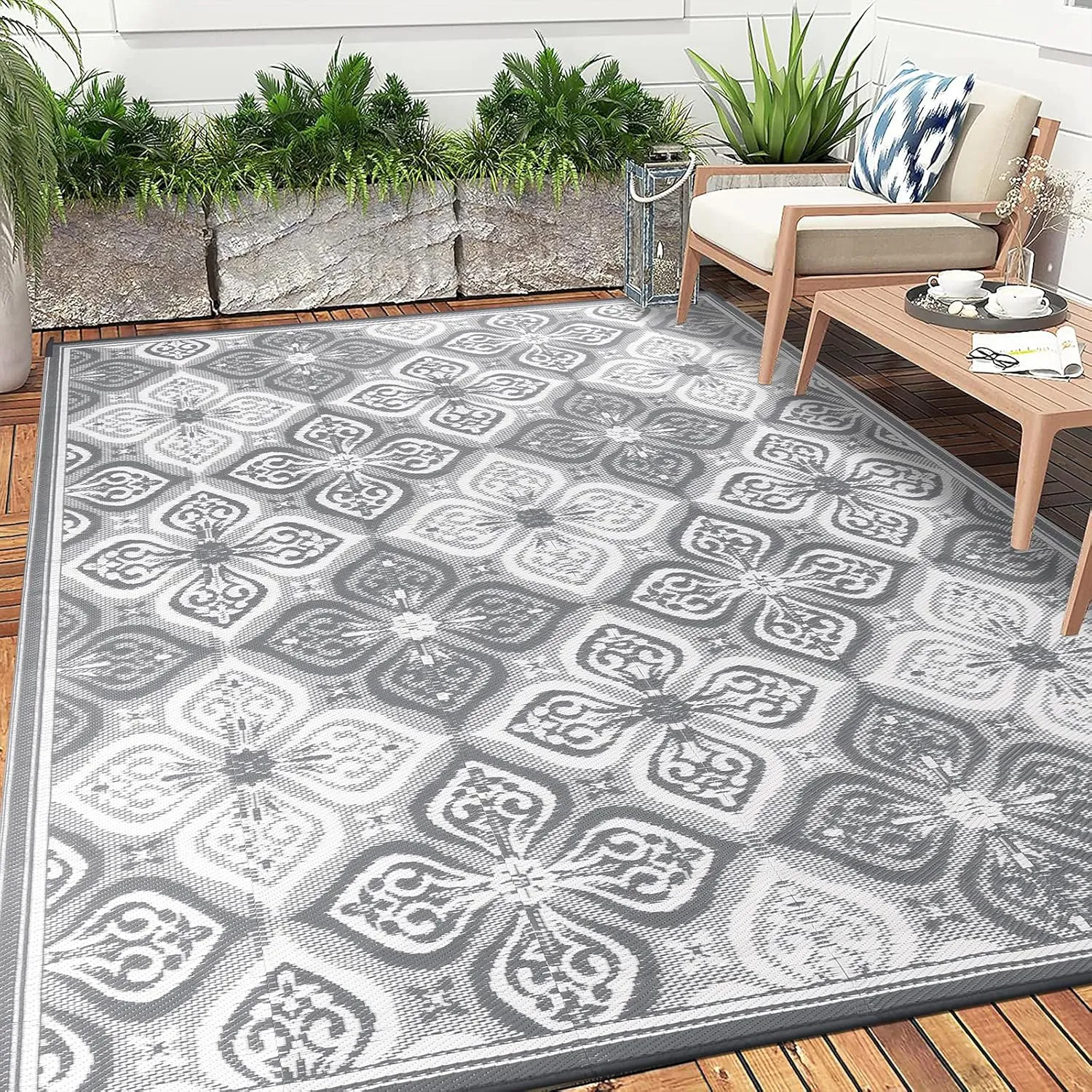 Pauwer Waterproof Outdoor Rug 9x12, Reversible Plastic Straw Patio Camping Rug, Indoor Outdoor RV Mat Carpet for Deck, Camper, Porch, Balcony, Backyard, Picnic, Clover Grey