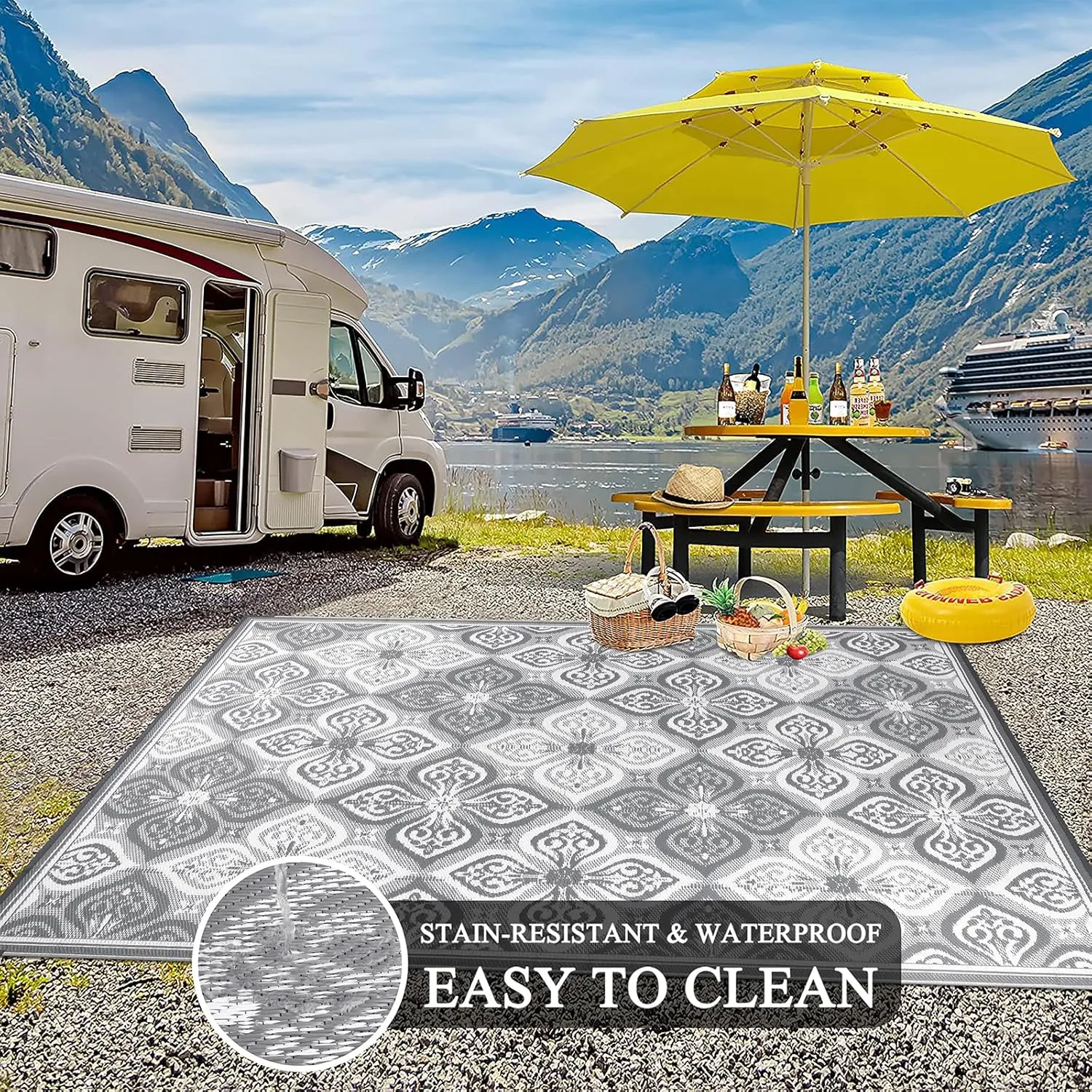 Pauwer Waterproof Outdoor Rug 9x12, Reversible Plastic Straw Patio Camping Rug, Indoor Outdoor RV Mat Carpet for Deck, Camper, Porch, Balcony, Backyard, Picnic, Clover Grey