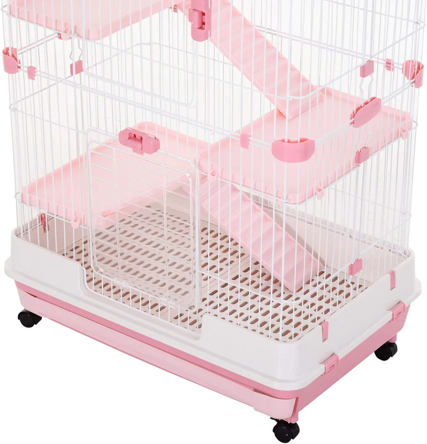 PawHut 4-Level Small Animal Cage Rabbit Hutch with Wheels, Removable Tray, Platform and Ramp for Bunny, Chinchillas, Ferret, Pink