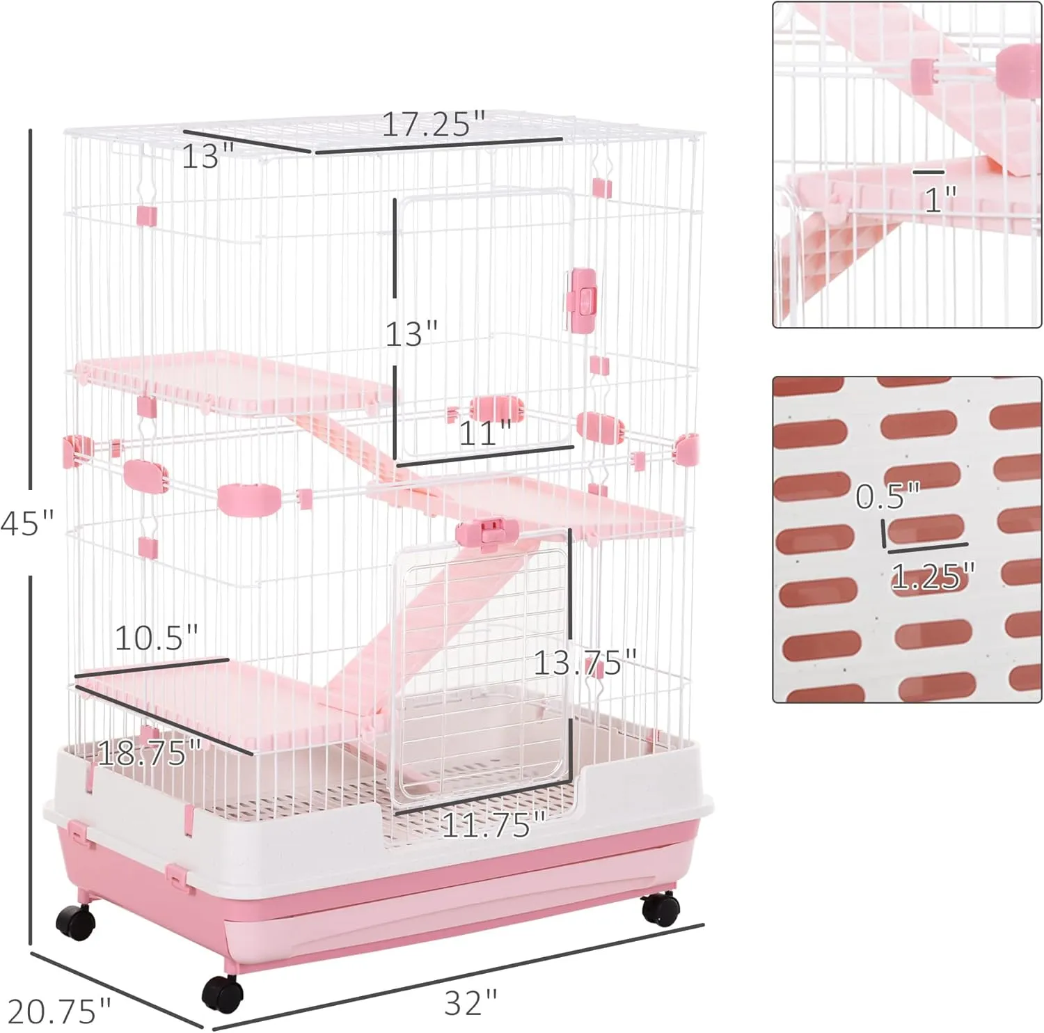 PawHut 4-Level Small Animal Cage Rabbit Hutch with Wheels, Removable Tray, Platform and Ramp for Bunny, Chinchillas, Ferret, Pink
