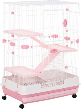 PawHut 4-Level Small Animal Cage Rabbit Hutch with Wheels, Removable Tray, Platform and Ramp for Bunny, Chinchillas, Ferret, Pink