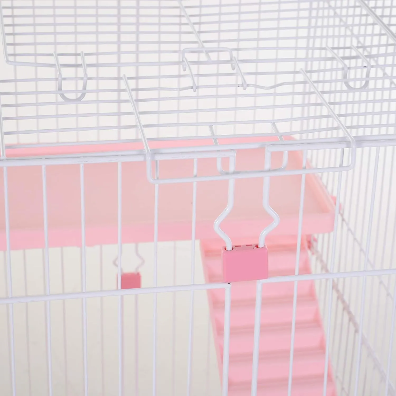 PawHut 4-Level Small Animal Cage Rabbit Hutch with Wheels, Removable Tray, Platform and Ramp for Bunny, Chinchillas, Ferret, Pink