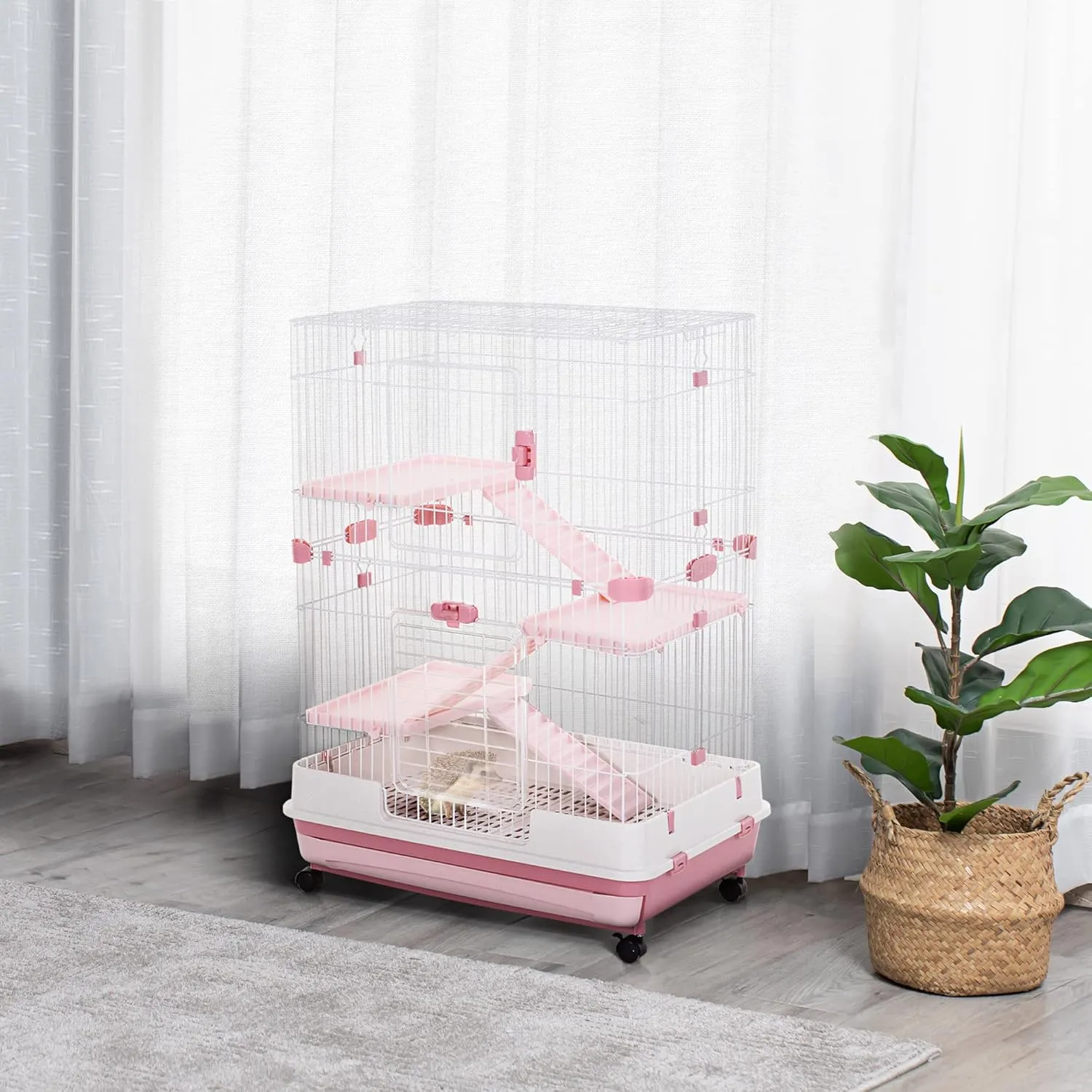 PawHut 4-Level Small Animal Cage Rabbit Hutch with Wheels, Removable Tray, Platform and Ramp for Bunny, Chinchillas, Ferret, Pink