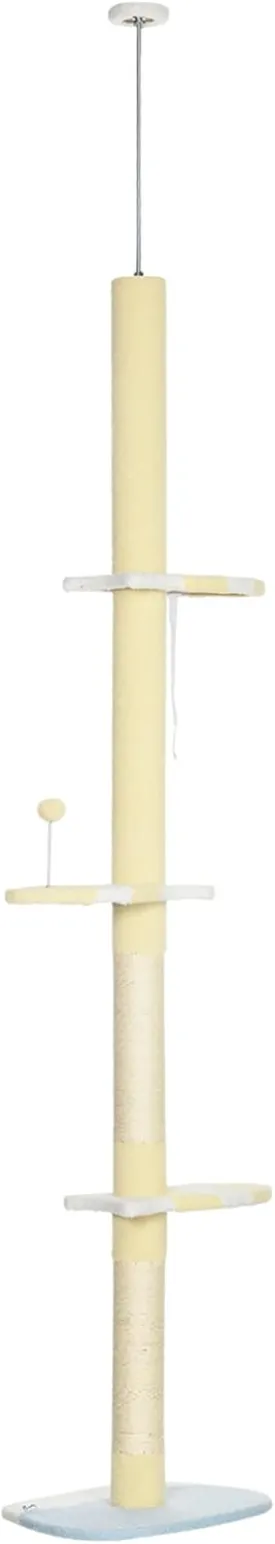 PawHut 87"-103" Floor to Ceiling Cat Tree, 4 Tier Tall Height Adjustable Cat Tower with Plush Platforms, Sisal Scratching Posts, Toy Ball, for Indoor Cats, Yellow