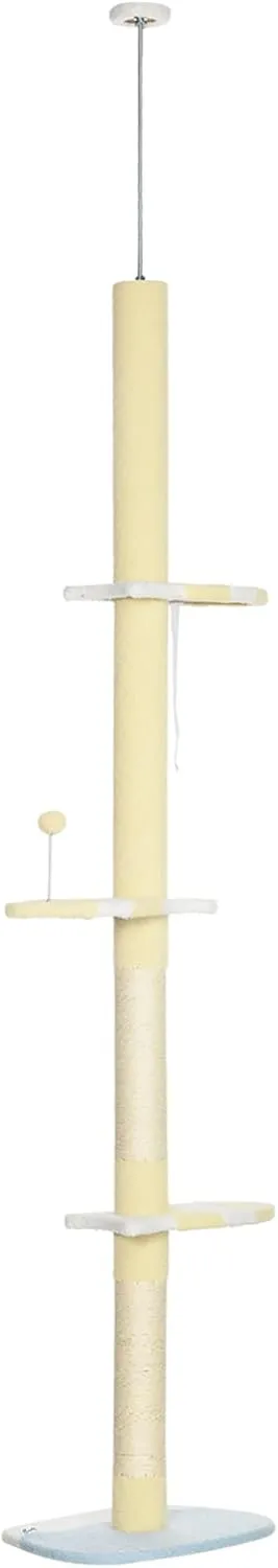 PawHut 87"-103" Floor to Ceiling Cat Tree, 4 Tier Tall Height Adjustable Cat Tower with Plush Platforms, Sisal Scratching Posts, Toy Ball, for Indoor Cats, Yellow