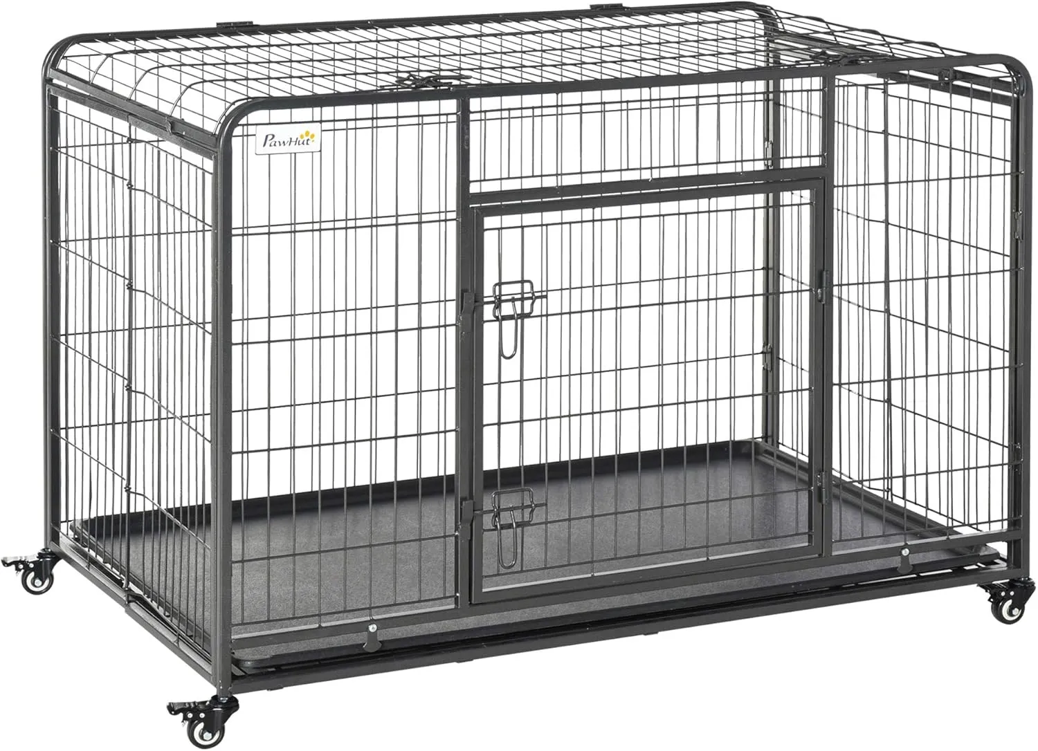 PawHut Folding Design Heavy Duty Metal Dog Cage Crate & Kennel with Removable Tray and Cover, & 4 Locking Wheels, Indoor/Outdoor 49"