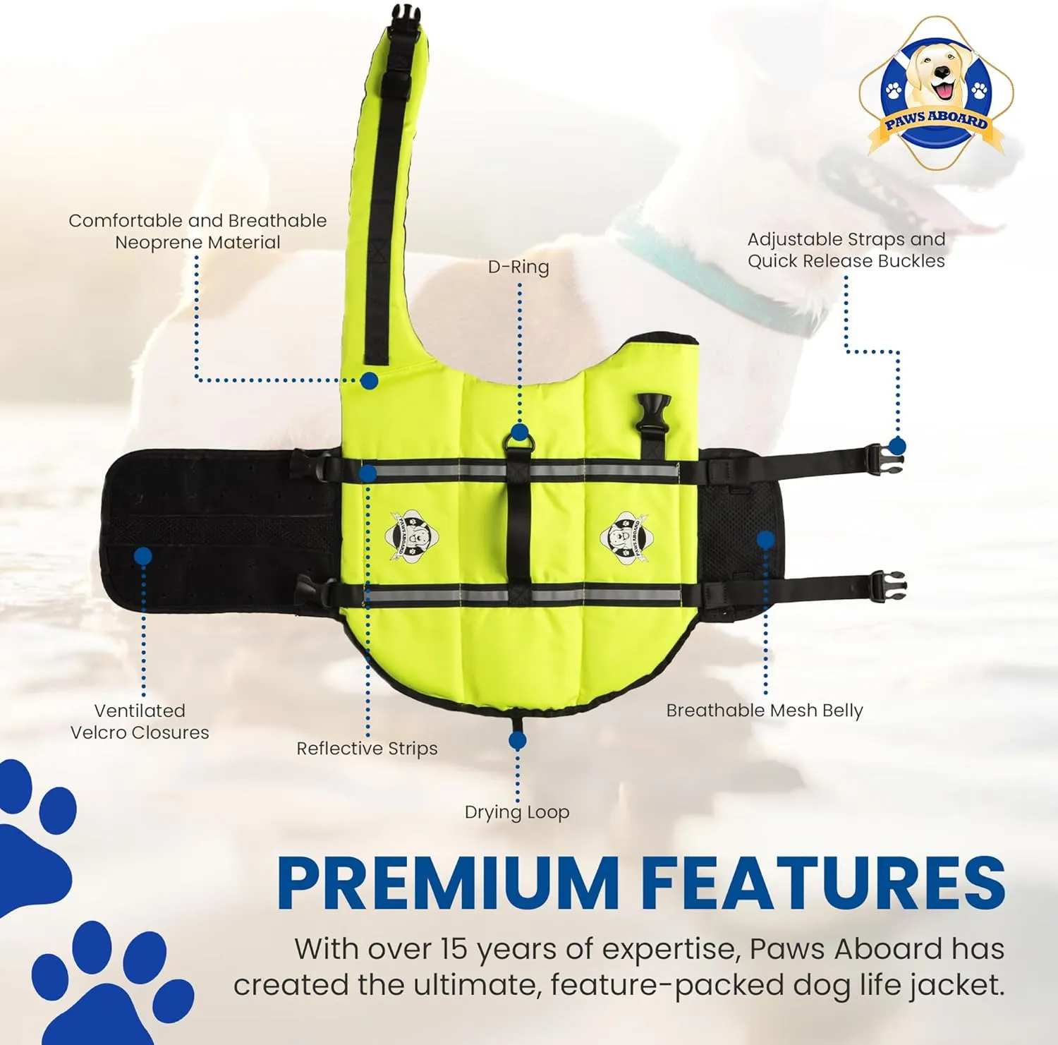 Paws Aboard Dog Life Jacket - Keep Your Canine Safe with a Neoprene Life Vest for Swimming and Boating - Available in Different Sizes, Color and Design to Choose - Neon Yellow, Small
