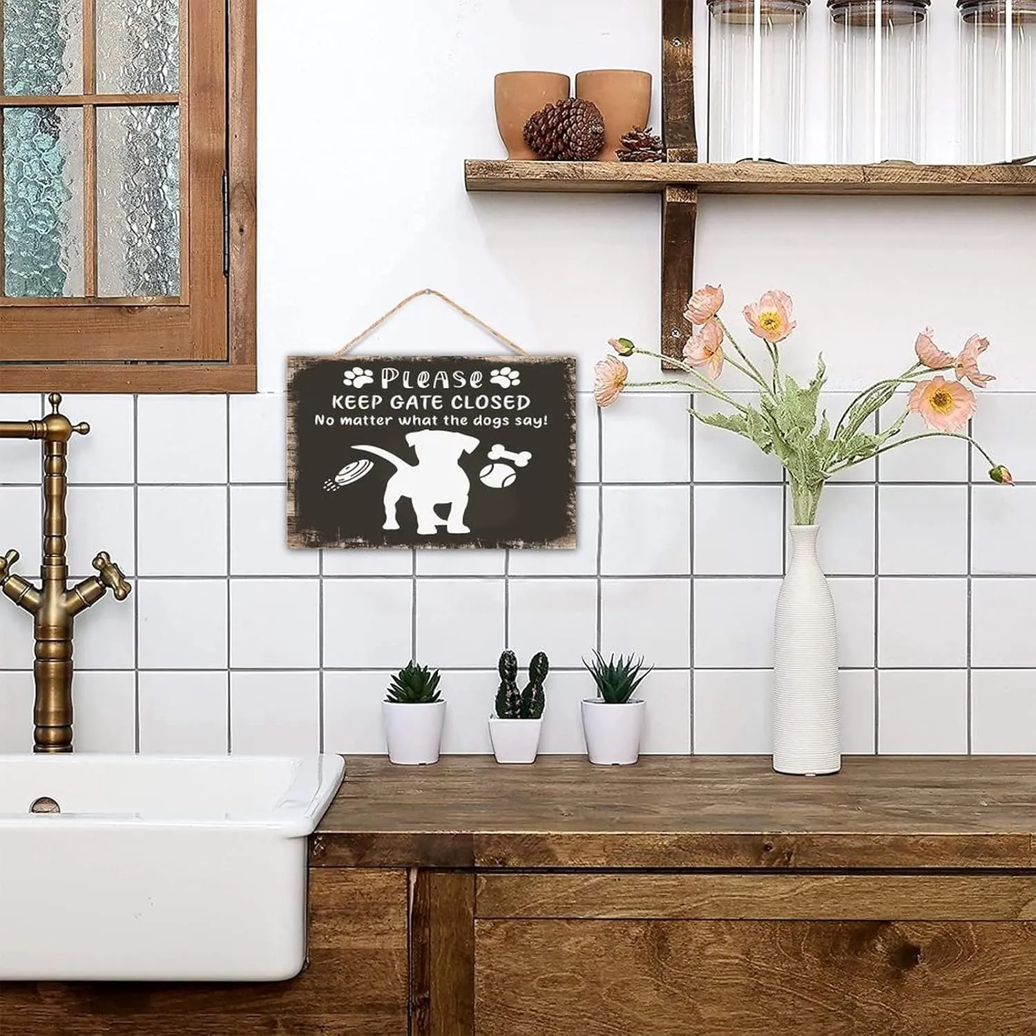 Personalized Wood Plank Hanging Sign Keep Gate Closed No Matter What The Dogs Say Rustic Decor for House Inspirational Painted Wood Sign Pet Dog Silhouette Bathroom Wall Decor Sign Gift Table 12x8