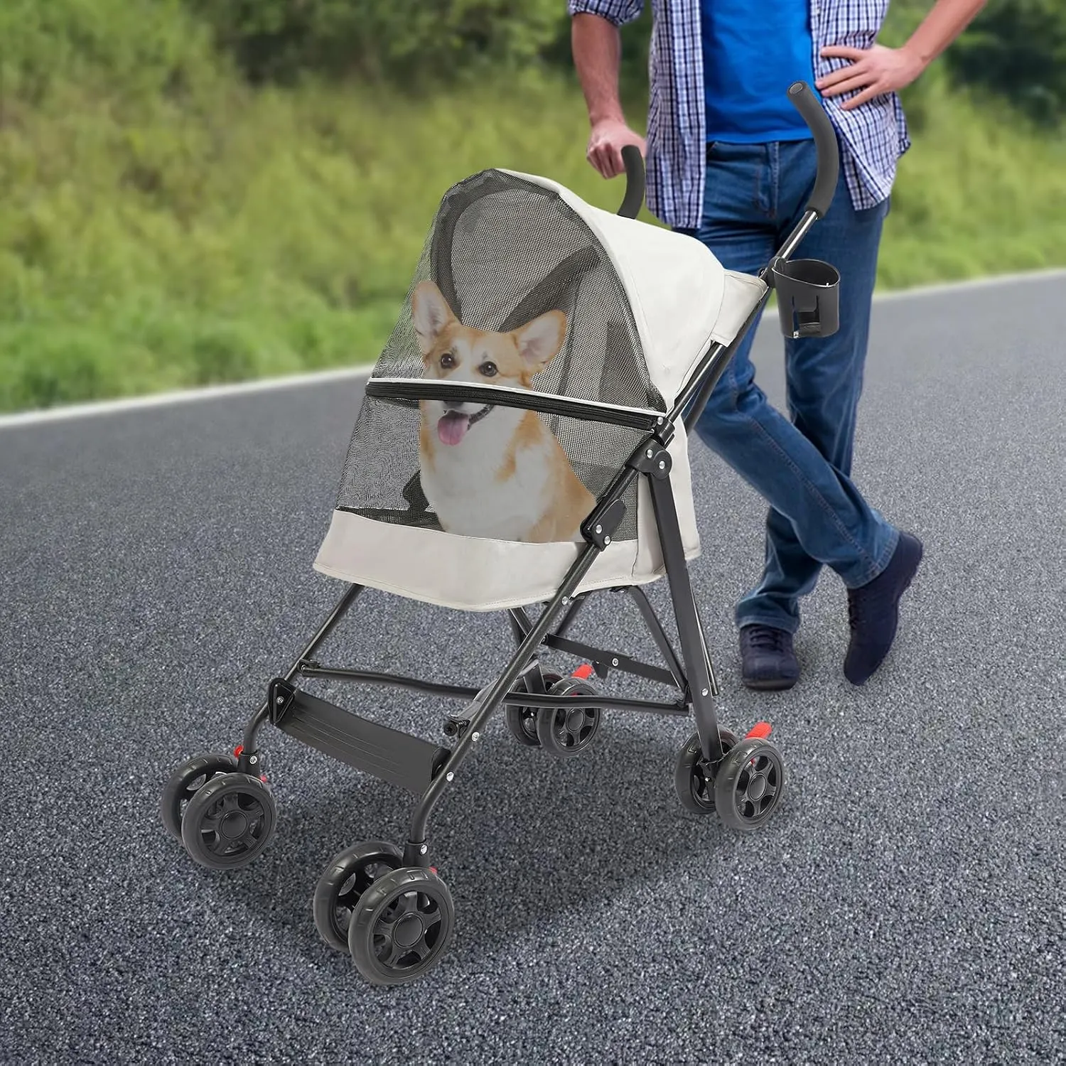 Pet Stroller, Foldable Pet Travel Stroller with Weather Cover, 2 Wheels Pet Strolling Cart for Small Medium Dogs Cats with Cup Holder Breathable Visible Mesh Outdoor Stroller for All-Season (Gray)