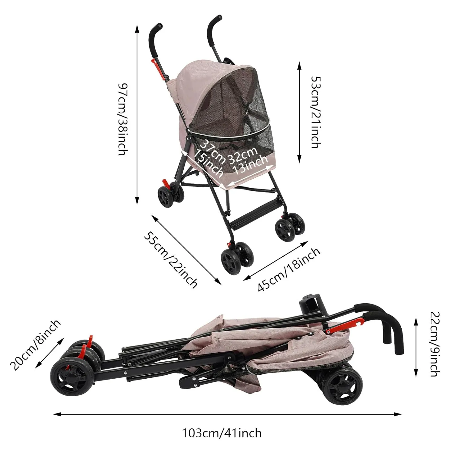 Pet Stroller, Foldable Pet Travel Stroller with Weather Cover, 2 Wheels Pet Strolling Cart for Small Medium Dogs Cats with Cup Holder Breathable Visible Mesh Outdoor Stroller for All-Season (Pink)