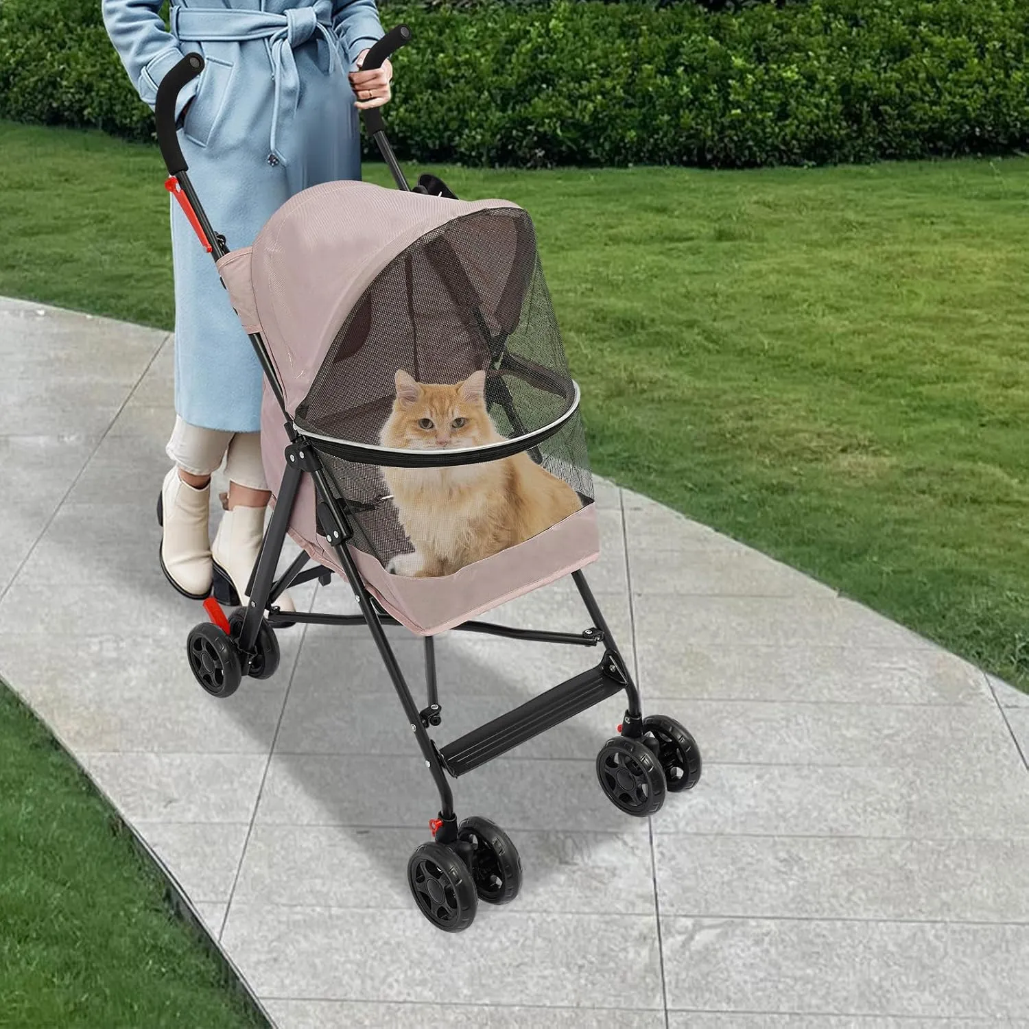 Pet Stroller, Foldable Pet Travel Stroller with Weather Cover, 2 Wheels Pet Strolling Cart for Small Medium Dogs Cats with Cup Holder Breathable Visible Mesh Outdoor Stroller for All-Season (Pink)