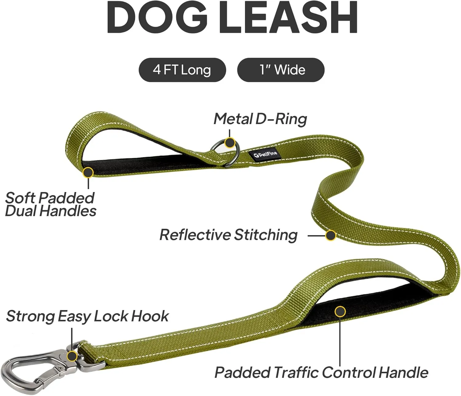 PetiFine 4FT Heavy Duty Dog Leash with Soft Padded Double Handle, Durable Strong Clasp Dog Leashes, Reflective Nylon Walking Lead for Large,Medium,Small Breed Dogs, Green