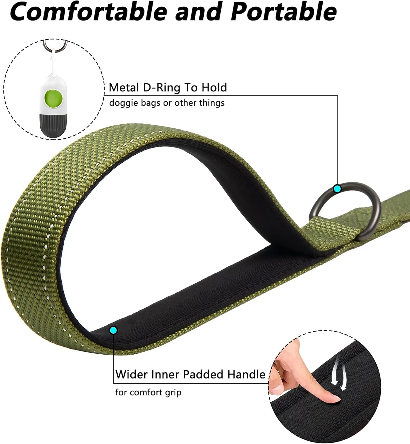 PetiFine 4FT Heavy Duty Dog Leash with Soft Padded Double Handle, Durable Strong Clasp Dog Leashes, Reflective Nylon Walking Lead for Large,Medium,Small Breed Dogs, Green