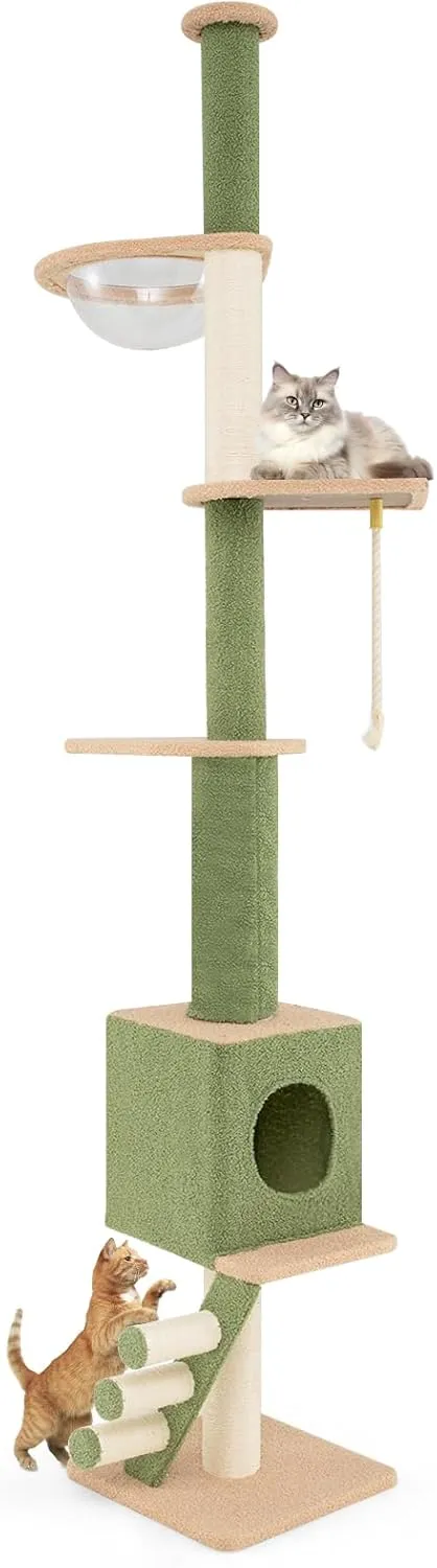 PETSITE Floor to Ceiling Cat Tree, 86"-99.5" Height Adjustable Tall Cat Tower with Sisal Scratching Posts, Space Capsule, Cat Condo, Climbing Ladder, and Sisal Rope, Ceiling Cat Tree for Indoor Cats