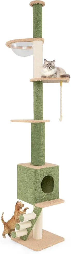 PETSITE Floor to Ceiling Cat Tree, 86"-99.5" Height Adjustable Tall Cat Tower with Sisal Scratching Posts, Space Capsule, Cat Condo, Climbing Ladder, and Sisal Rope, Ceiling Cat Tree for Indoor Cats
