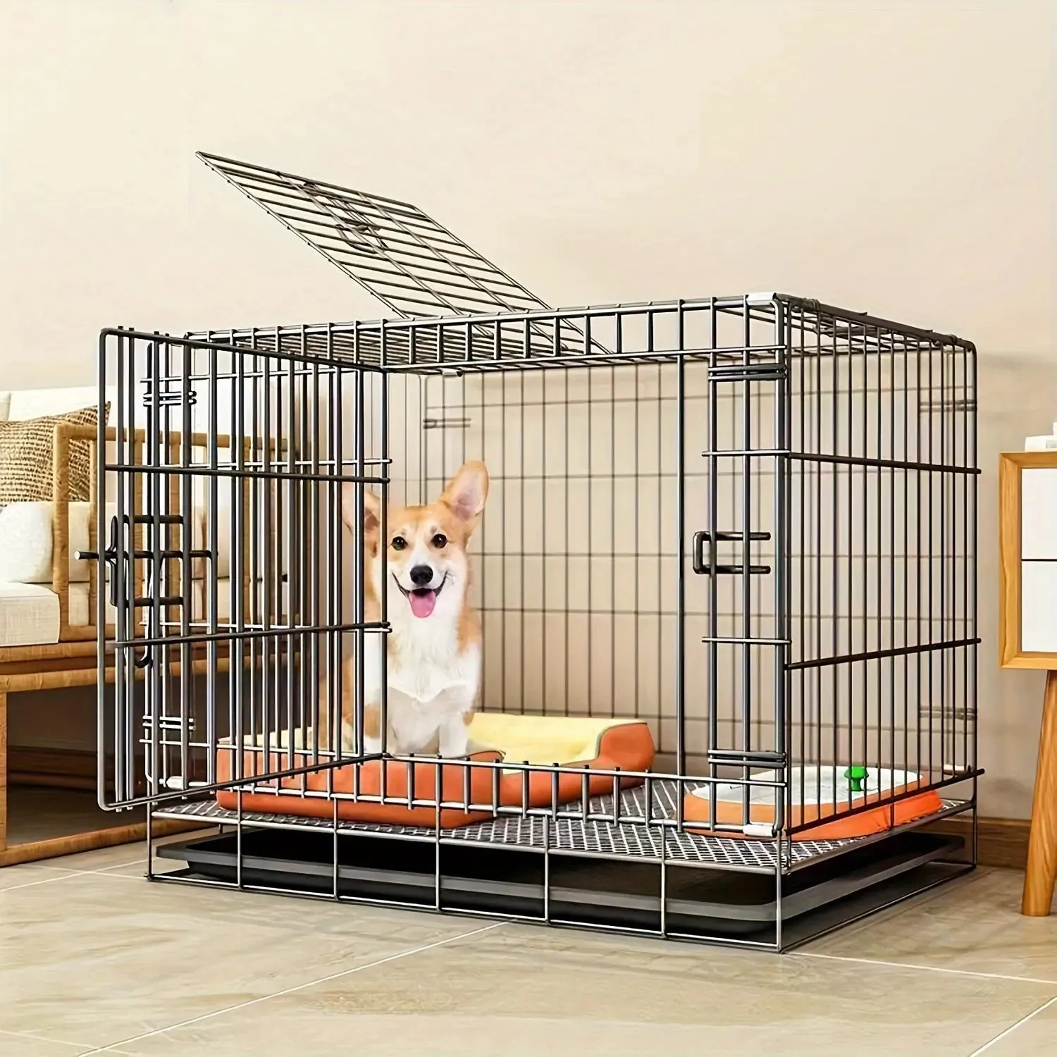 Portable Dog Cage with Partition & Tray