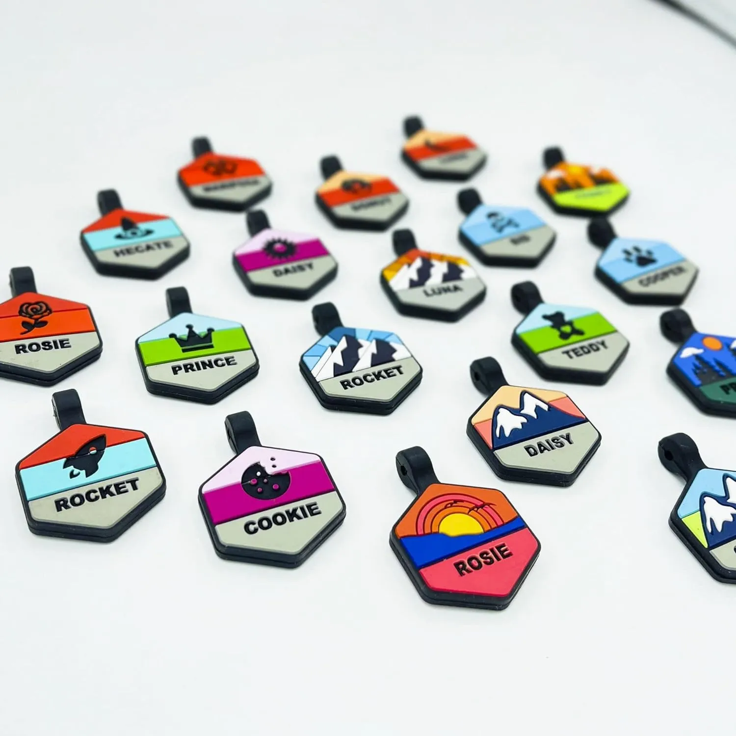 Silent Dog Tag Personalized with 5 Lines of Custom Deep Engraved Durable Soundless Silicone Pet ID Name Tag Hexagon Mountain Blue