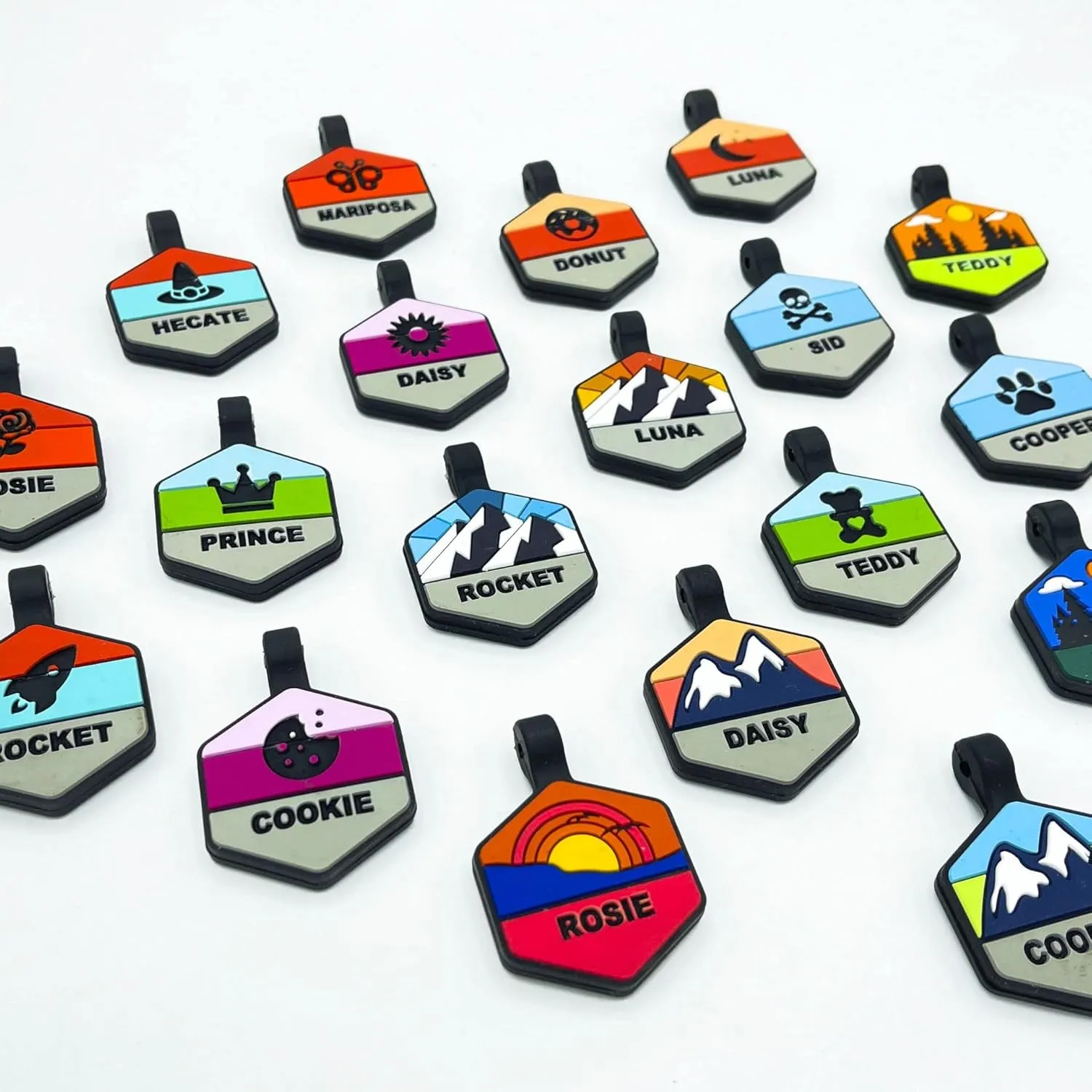 Silent Dog Tag Personalized with 5 Lines of Custom Deep Engraved Durable Soundless Silicone Pet ID Name Tag Hexagon Mountain Blue