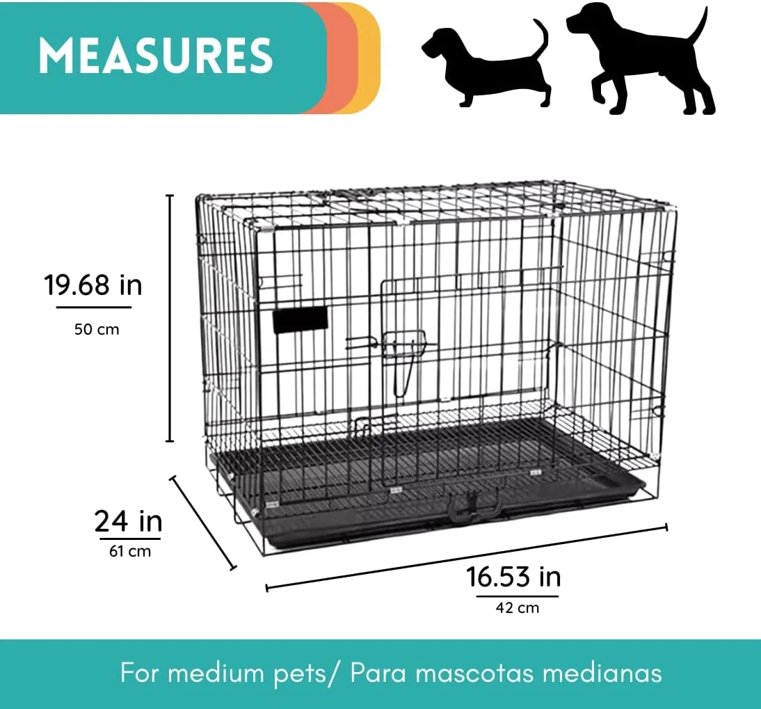 Steel Pets Cage, 19"x24"x16" Medium Size, for Pets, Heavy Duty lightweighy Steel Material, Two Doors, with Removable Tray and Easy to Transport, Black