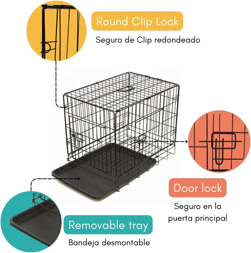 Steel Pets Cage, 19"x24"x16" Medium Size, for Pets, Heavy Duty lightweighy Steel Material, Two Doors, with Removable Tray and Easy to Transport, Black