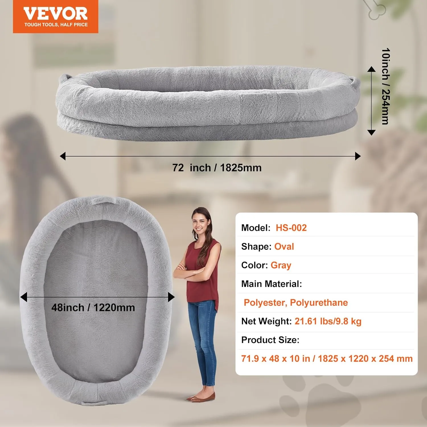 VEVOR Human Dog Bed for Adults and Pets, 72"x48"x10" Human Size Dog Bed with Washable Faux Rabbit Fur Cover, Egg Orthopedic Foam, Storage Pocket, Grey