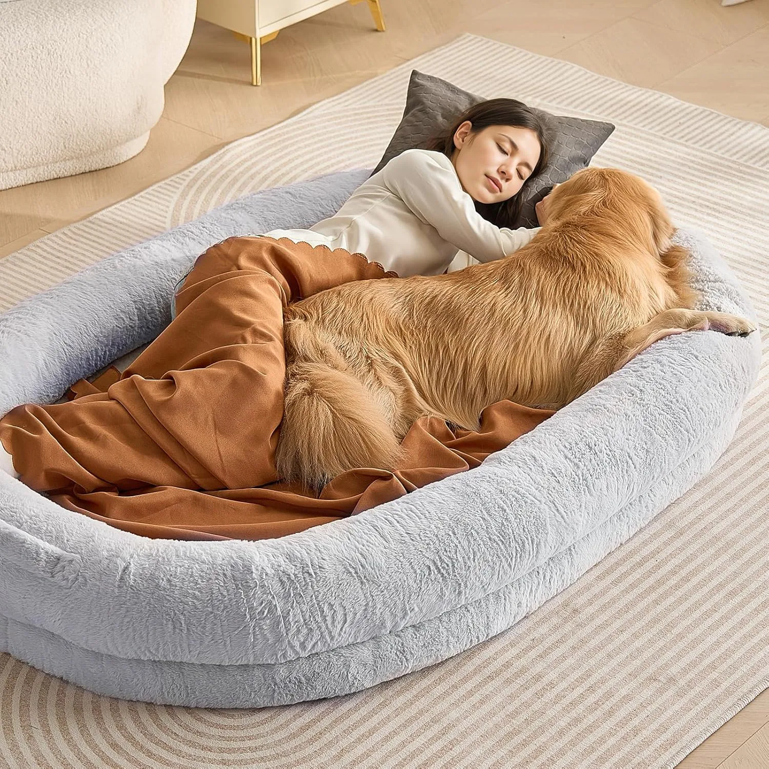 VEVOR Human Dog Bed for Adults and Pets, 72"x48"x10" Human Size Dog Bed with Washable Faux Rabbit Fur Cover, Egg Orthopedic Foam, Storage Pocket, Grey