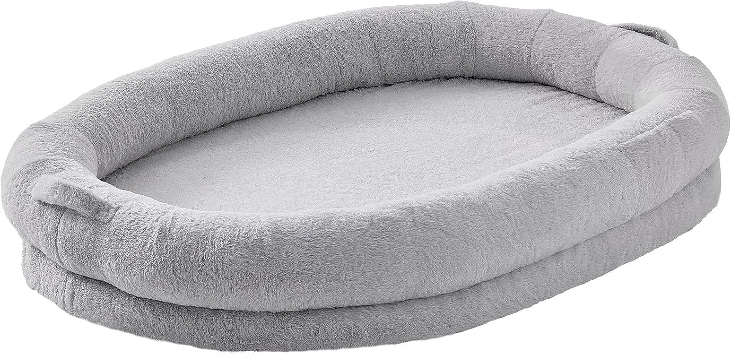VEVOR Human Dog Bed for Adults and Pets, 72"x48"x10" Human Size Dog Bed with Washable Faux Rabbit Fur Cover, Egg Orthopedic Foam, Storage Pocket, Grey