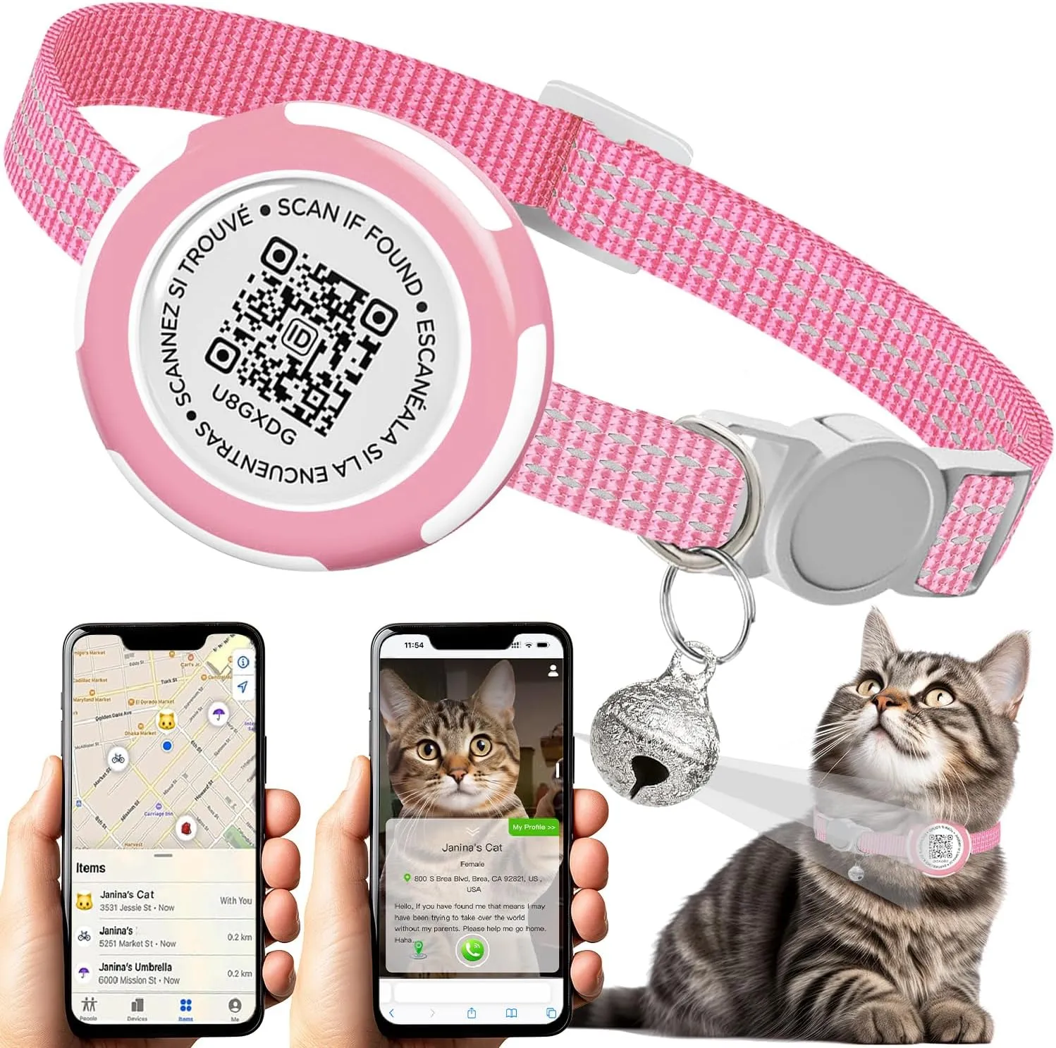 Waterproof Airtag Cat Collar, Lightweight Breakaway Cat Airtag Collar with QR ID Tag & Reflective for Apple Air tag, Hidden GPS Tracker Holder with QR Code Pet Name Tag for Cats, Kittens (9-13inch)