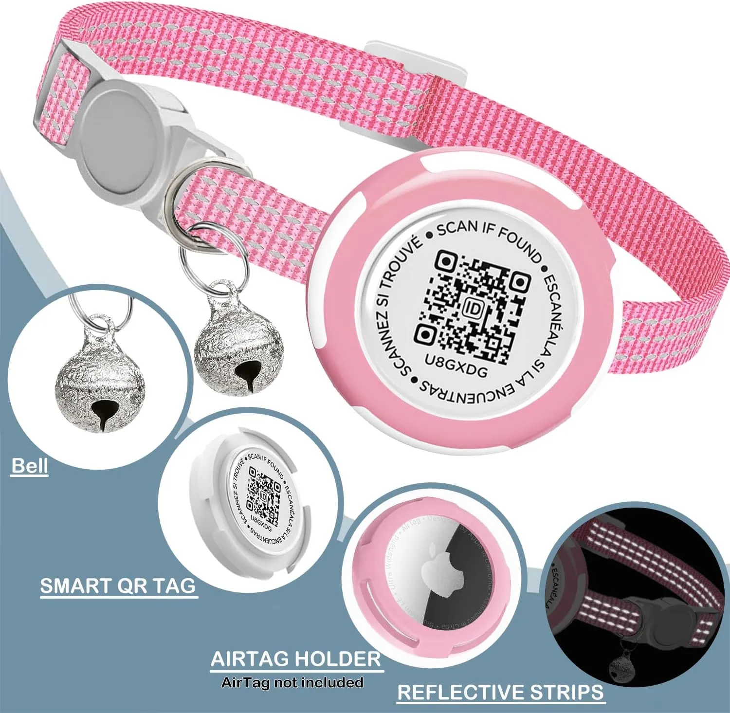 Waterproof Airtag Cat Collar, Lightweight Breakaway Cat Airtag Collar with QR ID Tag & Reflective for Apple Air tag, Hidden GPS Tracker Holder with QR Code Pet Name Tag for Cats, Kittens (9-13inch)