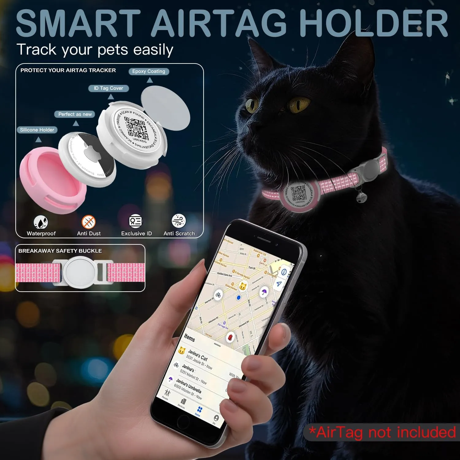 Waterproof Airtag Cat Collar, Lightweight Breakaway Cat Airtag Collar with QR ID Tag & Reflective for Apple Air tag, Hidden GPS Tracker Holder with QR Code Pet Name Tag for Cats, Kittens (9-13inch)