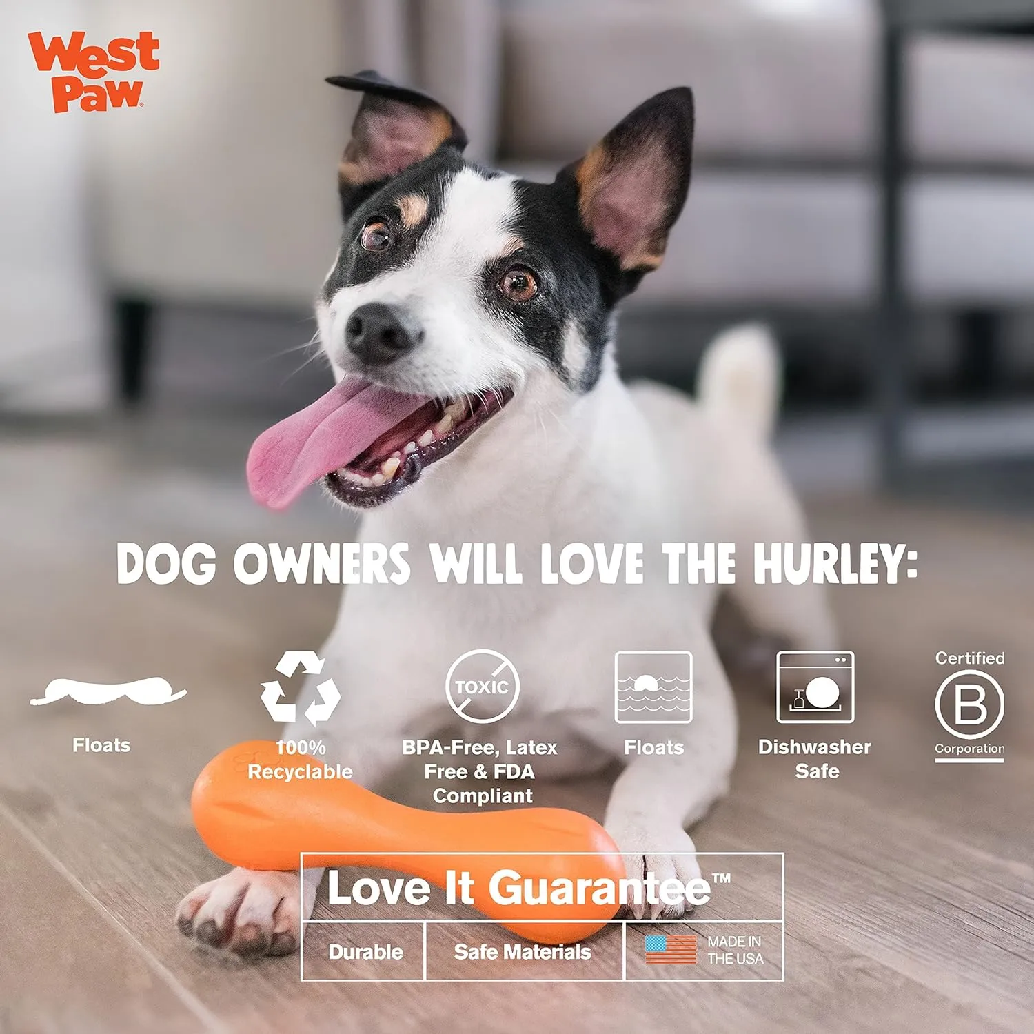 WEST PAW Zogoflex Hurley Dog Bone Chew Toy  Floatable Pet Toys for Aggressive Chewers, Catch, Fetch  Bright-Colored Bones for Dogs  Recyclable, Dishwasher-Safe, Non-Toxic, Small, Tangerine