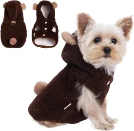 Winter Small Dog Double Fleece Hoodie, Cute Warm Sleeveless Buckle Sweater for Teacup Chihuahua Yorkshire, Coat for Small Medium Dogs and Cats (Brown, Medium)