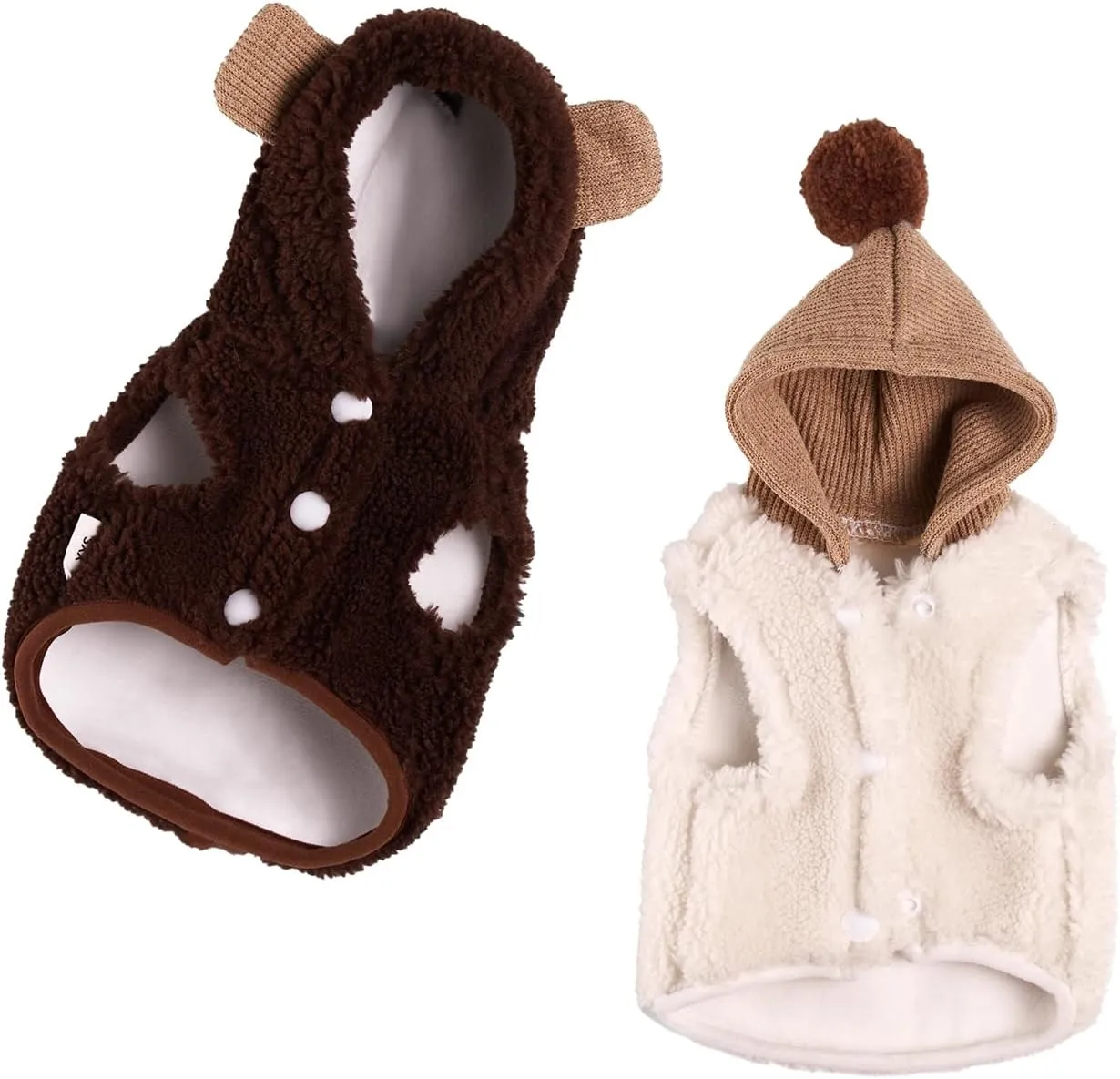 Winter Small Dog Double Fleece Hoodie, Cute Warm Sleeveless Buckle Sweater for Teacup Chihuahua Yorkshire, Coat for Small Medium Dogs and Cats (Brown, Medium)