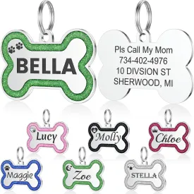 YEHANTI Dog Tags Personalized for Pets - Durable Stainless Steel Pet ID Tags with Lovely Icons, Glitter Bone Custom Dog Tags for Large Small Dogs Cats, Dog Name Tags Engraved On Both SidesL, Green